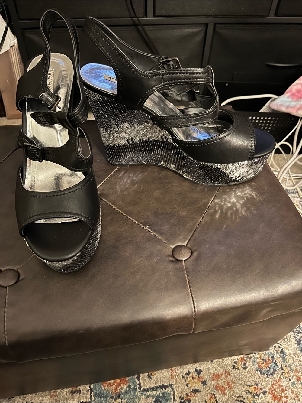 Not Rated Black Wedge Sandals with Patterned Platform